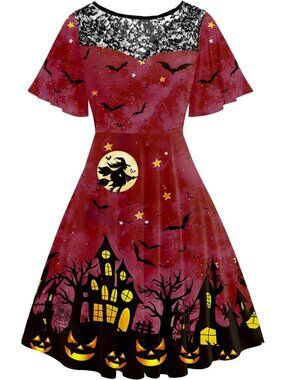 Women Halloween Dress Lace Flutter Sleeve A-Line Party Dresses-Castle Witch Red